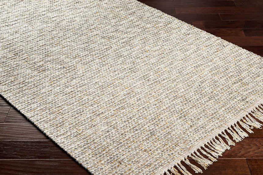 Close-up of the hand woven Amiel Beige Area Rug showing texture, fringe, and colors of clay, gray, khaki, and walnut. Corner