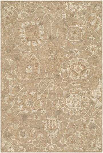 Close-up of the Lanune Traditional Handmade Area Rug. Beige wool rug with ivory floral and vine pattern. Hand-tufted texture. Design-Rectangle-576