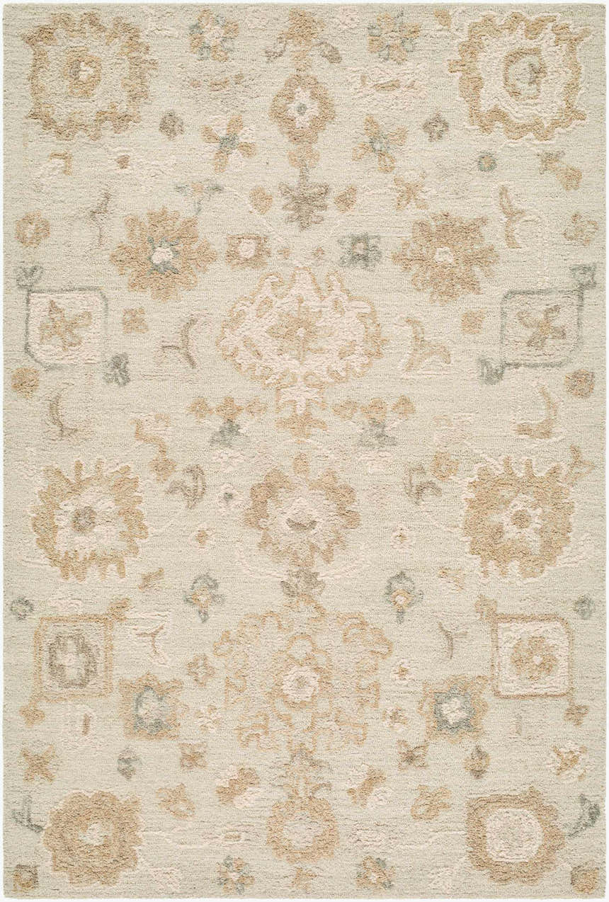 Close-up of the Kyvyne Traditional Handmade Area Rug. Wool rug with ivory, rose, sage, and taupe floral pattern. Design-Rectangle-576
