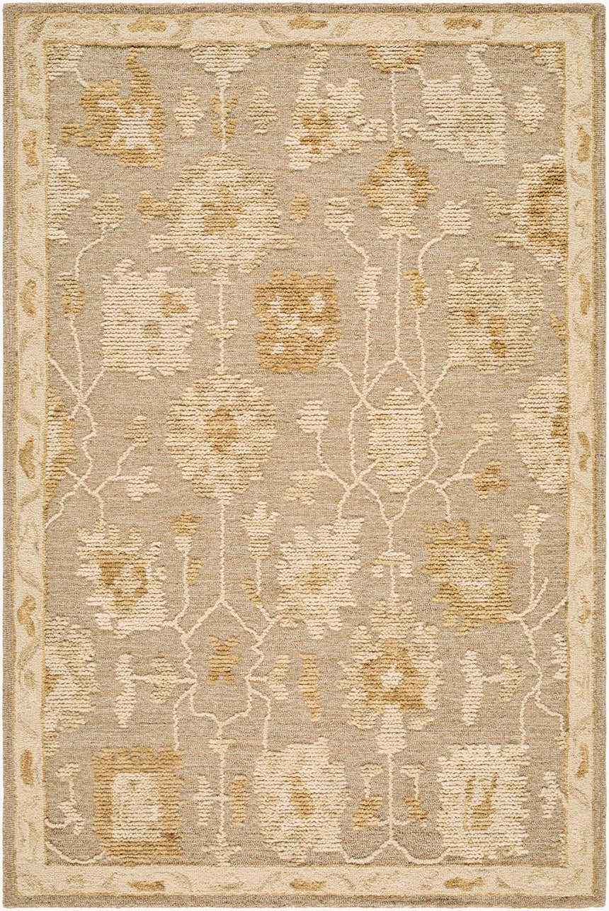 Close-up of the hand-tufted Pubyli Traditional Handmade Area Rug; ivory, taupe, and yellow floral pattern. Design-Rectangle-576