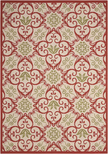 Close-up of Nourison Caribbean Ivory Rust Contemporary Area Rug featuring chestnut, ivory, and green floral pattern.