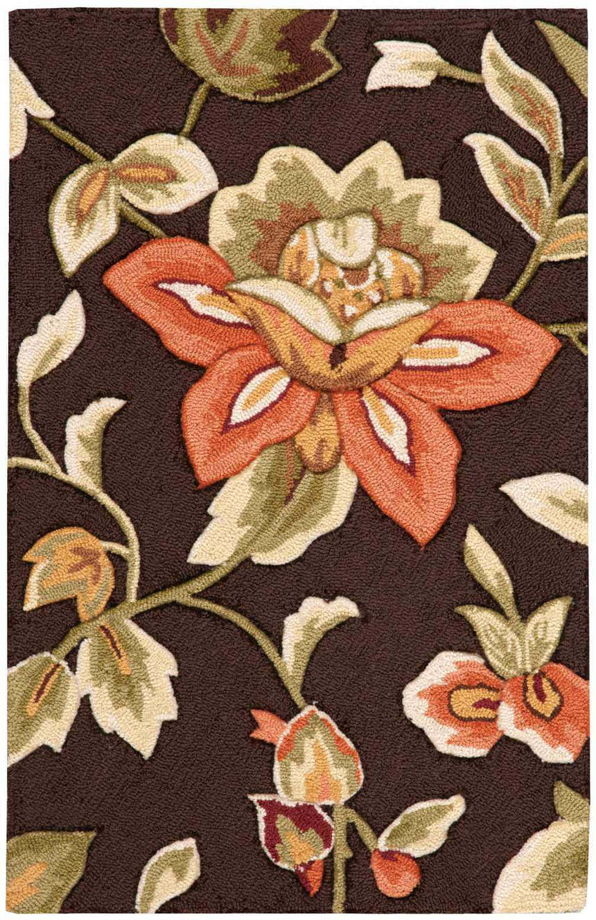 Close up of the Nourison Fantasy Chocolate rug featuring a floral pattern in orange, green, and cream on a brown background.