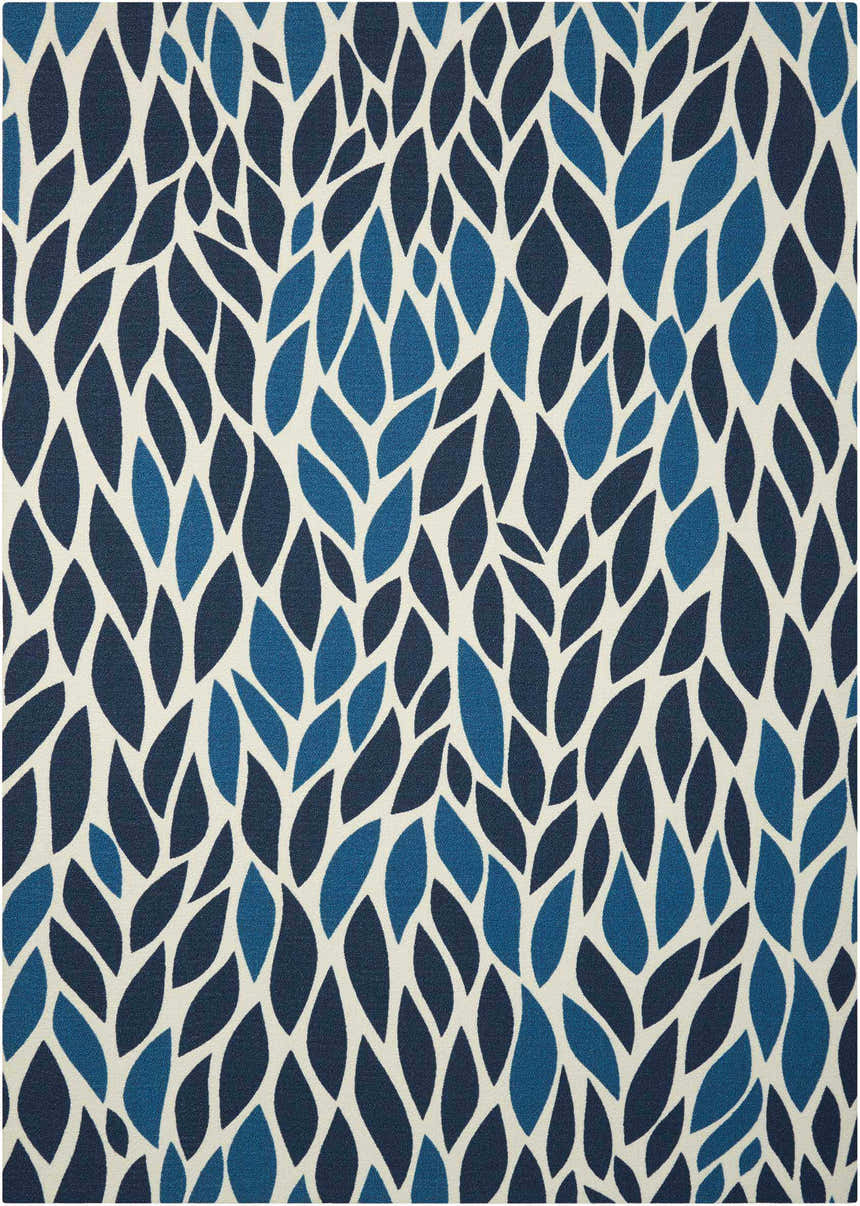 Close-up of Nourison Home & Garden Blue Mid-Century Modern Area Rug with a leaf-like pattern in light and dark blue.