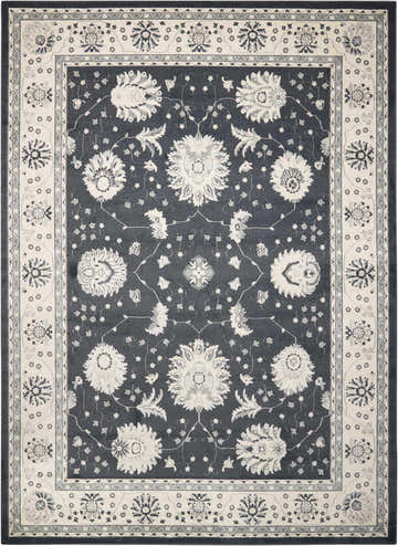 Close-up of Nourison Maymana Charcoal Persian rug. Taupe floral pattern on a dark gray field with a light border.