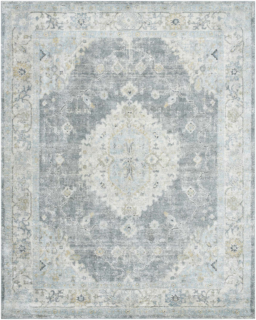 Close-up of the Tyche Tan Thick Luxe Area Rug, showcasing its traditional beige, gray, and pale blue floral pattern. Design-Rectangle-71010