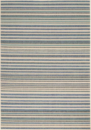 Close-up of the Barclay Butera Lido Blue Cream rug, featuring a modern striped pattern in shades of blue, cream, and gray.