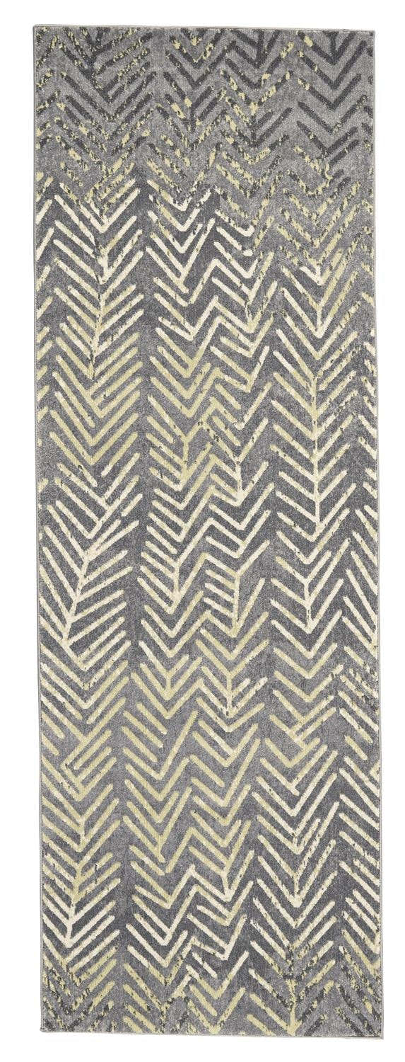 Feizy Bleecker rug with a modern chevron pattern in gray, yellow, and white. Casual style, machine-made polypropylene runner. Design-Runner
