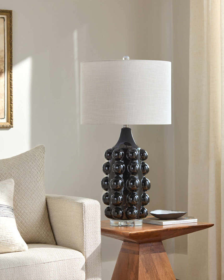 Charcoal Modern Table Lamp with linen details for bedside or console tables