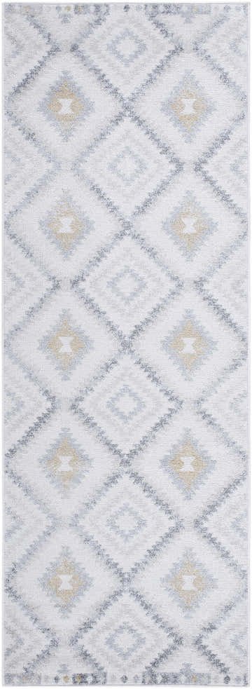 Close-up of the Tyipa Area Rug. Southwestern style rug with charcoal, cream, gray, and mustard diamond pattern. Design-Runner-2773