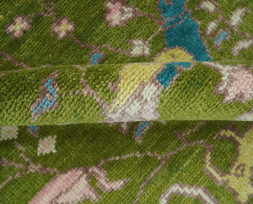 The Green Jungle Life Teal and Peach Peacock Bird Hand Knotted Custom Made Wool Area Rug