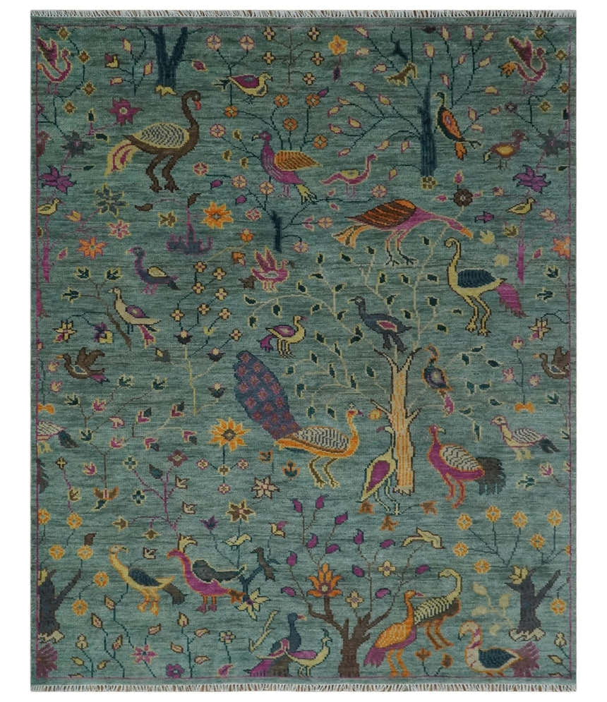 The Jungle Life Peacock on tree Rug Hand Knotted Multi Size Green Wool Rug