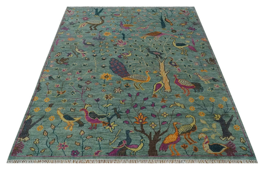 The Jungle Life Peacock on tree Rug Hand Knotted Multi Size Green Wool Rug