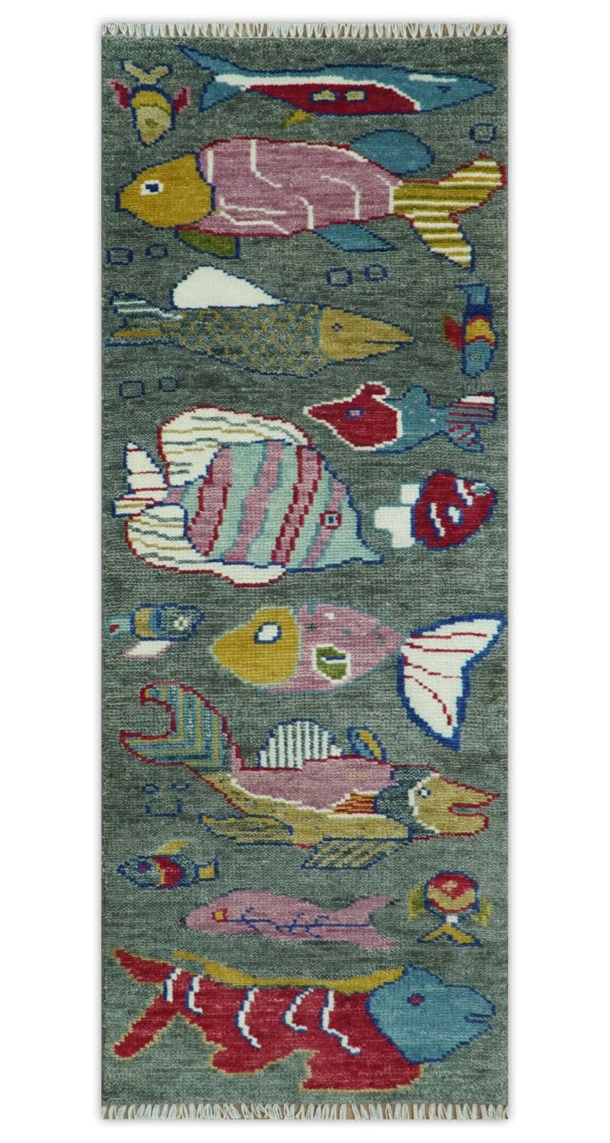 The Sea Life vibrant Colorful Fish Gray Rug Hand Knotted Multi Size Wool Area Rug
