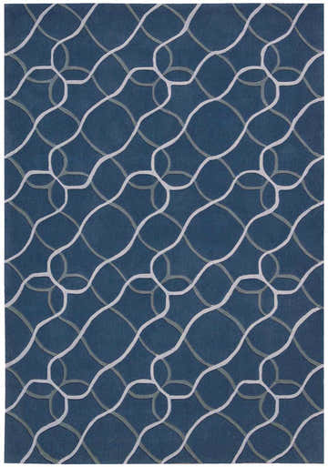 Close-up of the Nourison Contour Denim rug featuring a geometric trellis pattern in denim blue, gray and white.