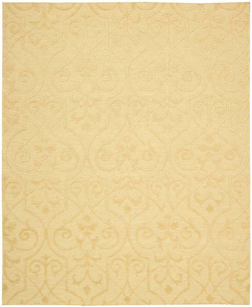 Close-up of the tan Nourison Ambrose Straw area rug featuring a subtle, handmade geometric and floral pattern.