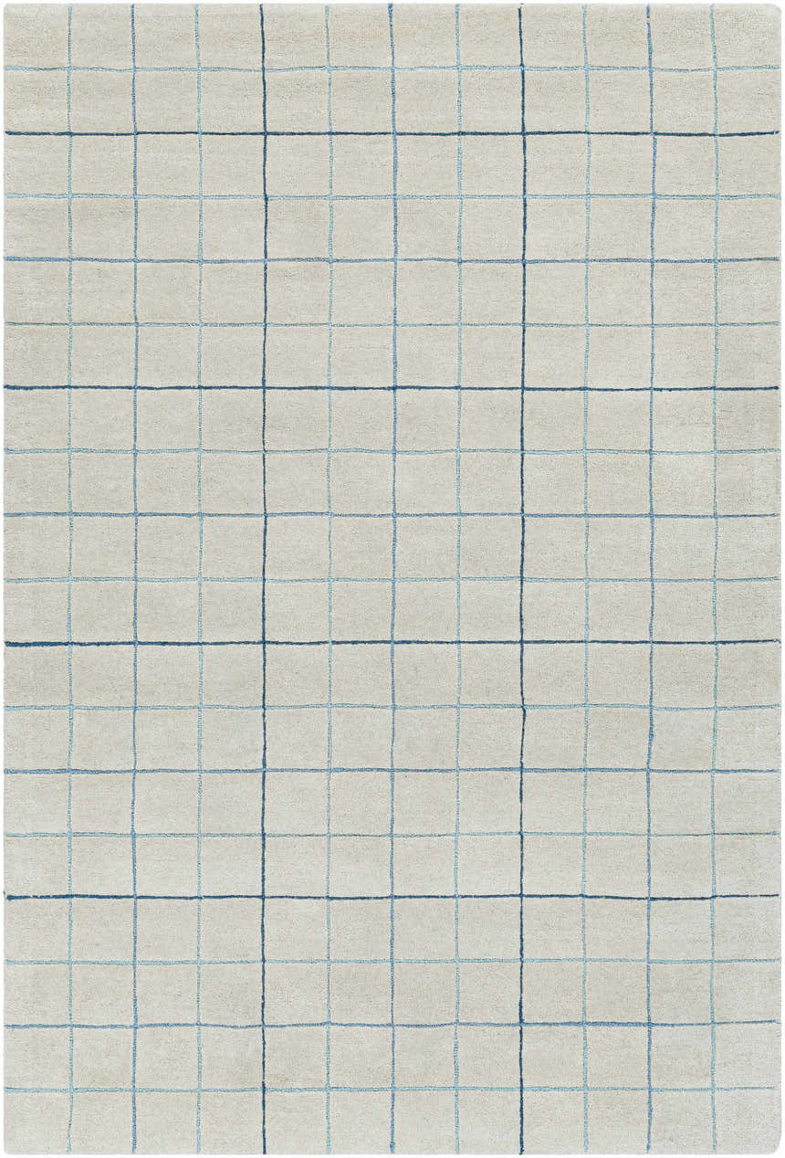 Close-up of the Toshi Beige Grid Wool Rug. Features a contemporary grid pattern in blue and light blue on a beige wool background. Design-Rectangle-576
