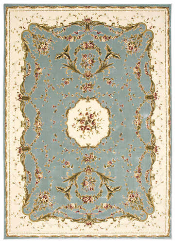 Close-up of the Nourison Bordeaux Slate Blue Aubusson Rug. Features a floral pattern in blue, cream, gold, and red tones.