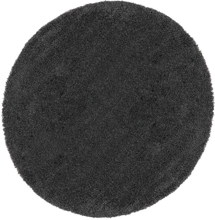 Close-up of a round Nourison Malibu Shag Dark Grey rug showing its soft, dense shag texture. Clearance item.