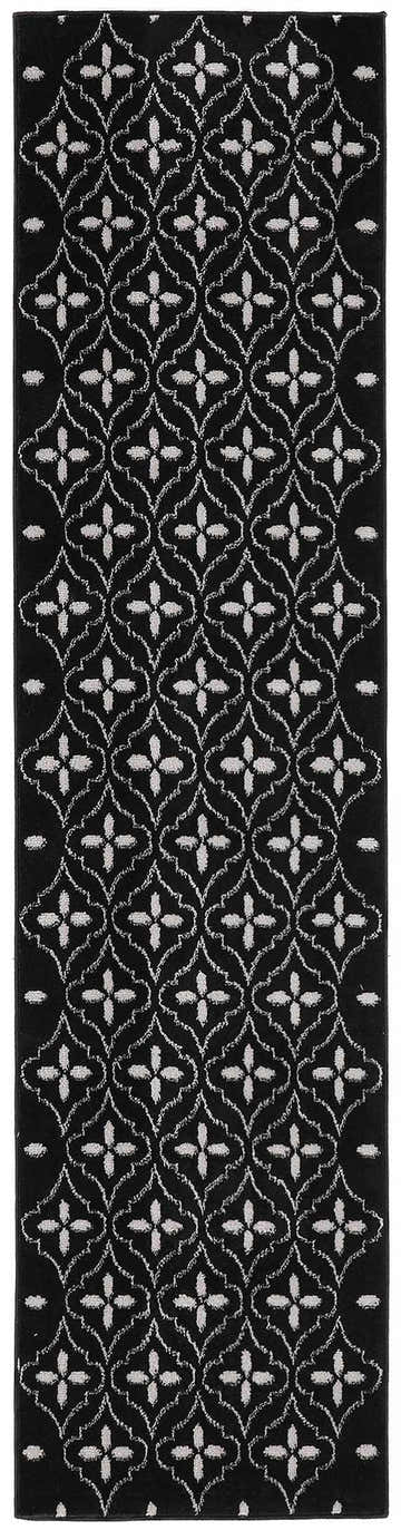 Close-up of the Nourison Essentials Black Ivory Modern Area Rug, featuring a black and ivory lattice pattern.
