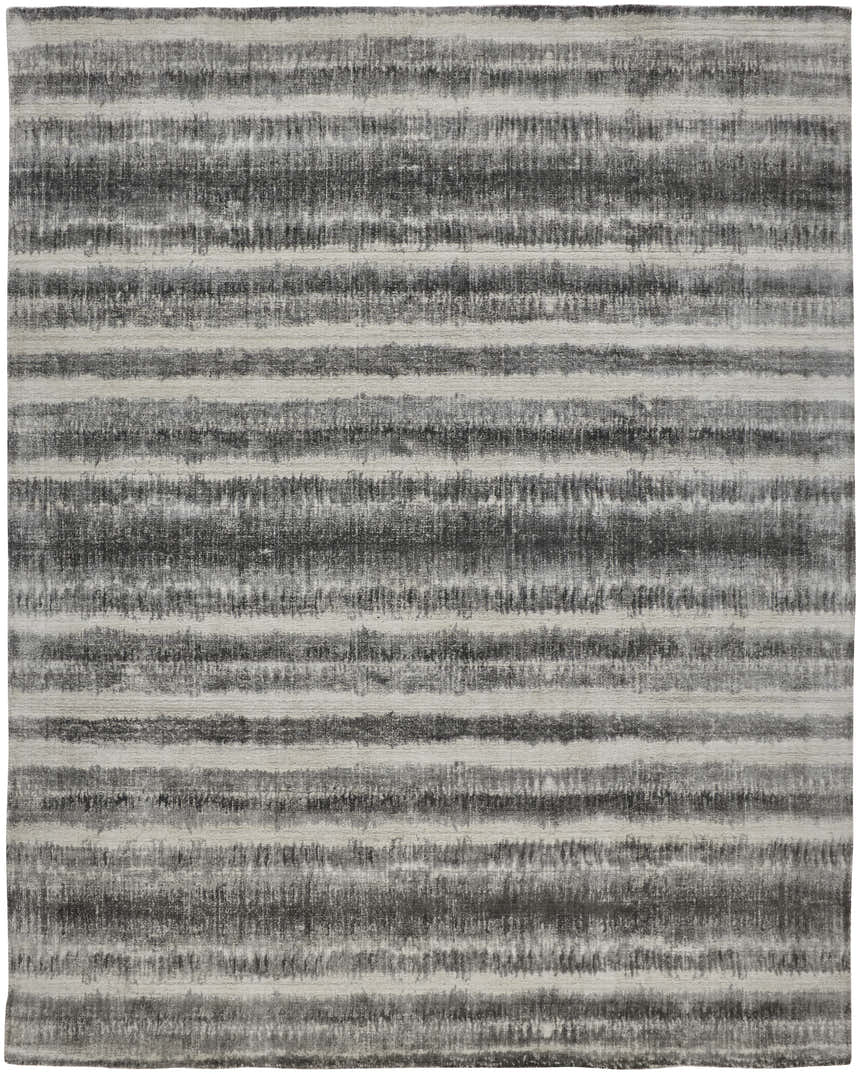 Close-up of Feizy Mackay Transitional Stripes rug; gray, ivory, and black hand-woven wool and viscose. Design-Rectangle