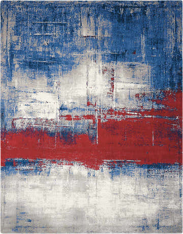 Close-up of the Nourison Twilight Multicolor Area Rug. Abstract design with blue, red, and gray tones.