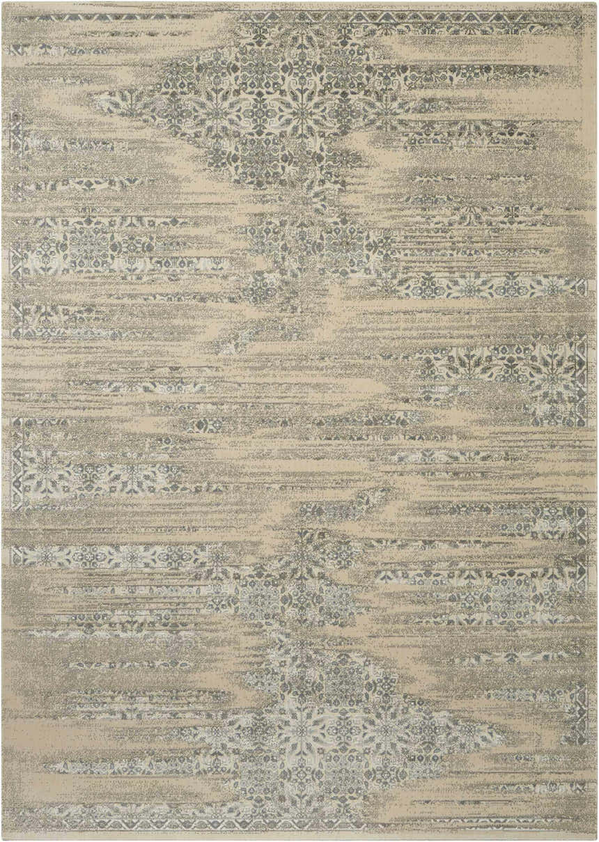 Beige Nourison Luminance Bone Vintage Area Rug with distressed floral pattern and horizontal striations.
