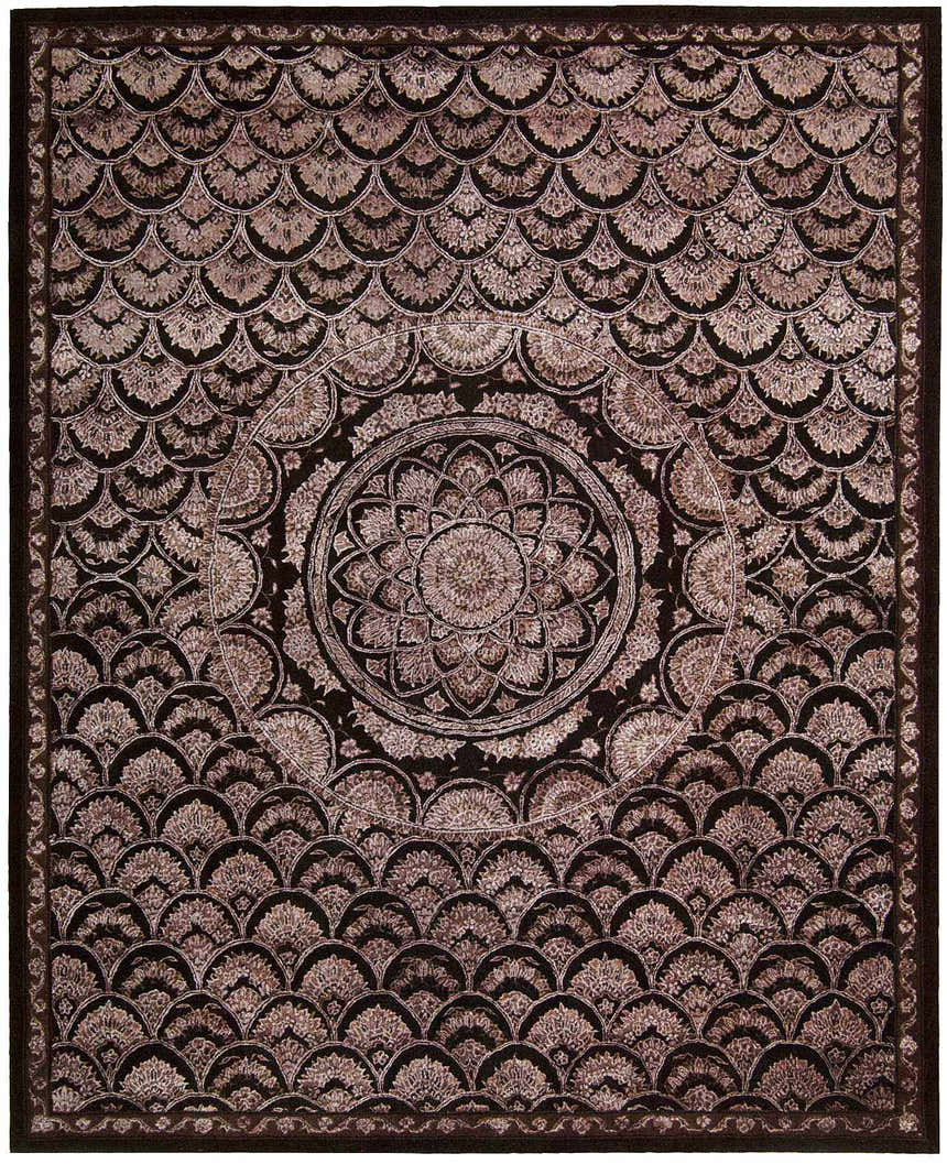 Close-up of the Nourison Regal Espresso Persian rug, showcasing its floral medallion and intricate, scalloped pattern.
