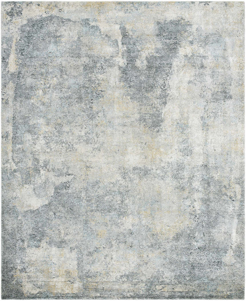 Close-up of the Adsila Teal Blue Thick Luxe Rug featuring a distressed, contemporary gray, teal, and tan pattern. Design-Rectangle-71010