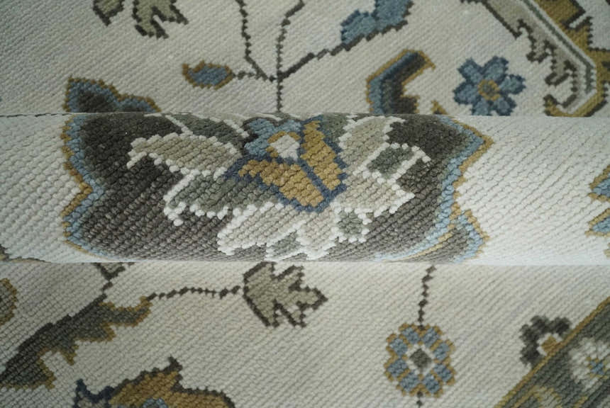 Traditional Ivory and Beige Hand Knotted Oriental Oushak Wool Area Rug