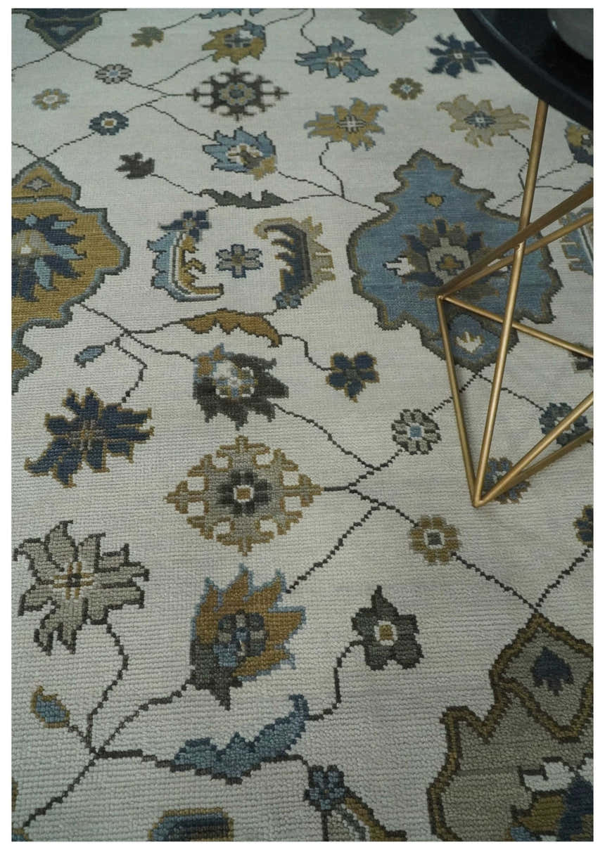 Traditional Ivory and Beige Hand Knotted Oriental Oushak Wool Area Rug