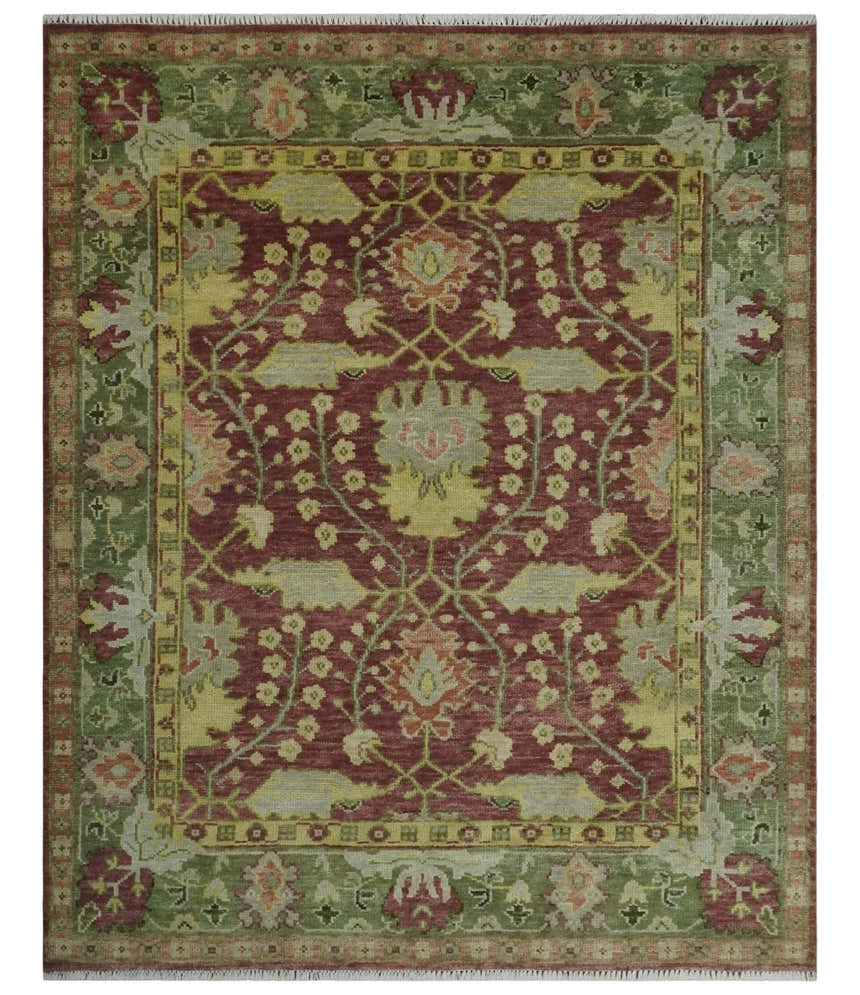 Traditional Maroon, Green and Beige Antique Donegal Design Hand knotted Area Rug