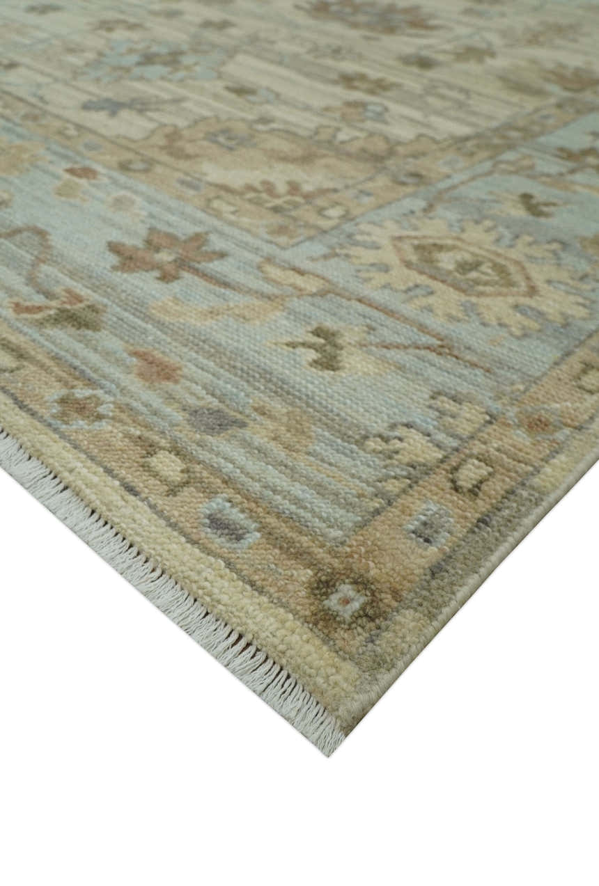 Traditional Oushak Beige, Brown And Blue Hand Knotted Custom Made Wool rug