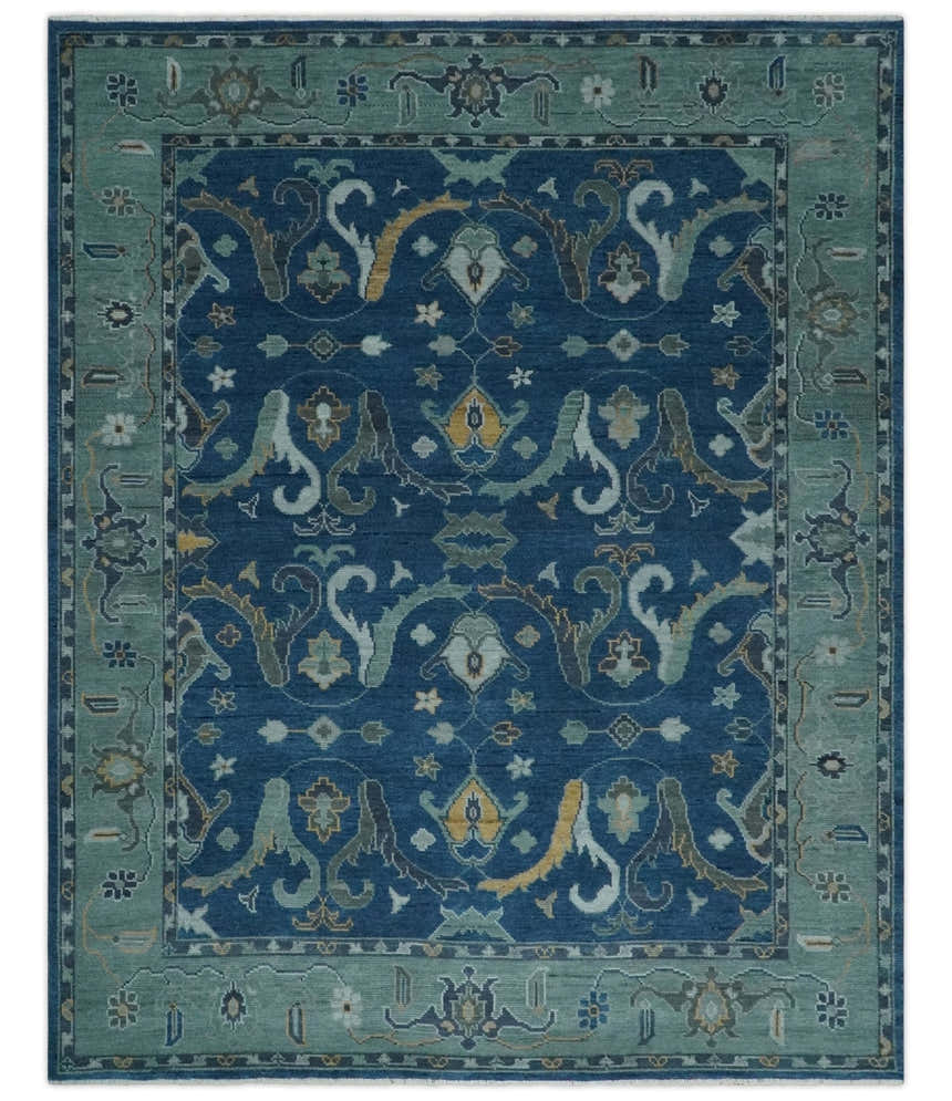 Traditional Turkish Design Hand Knotted Oriental Oushak Blue and Aqua Wool Area Rug