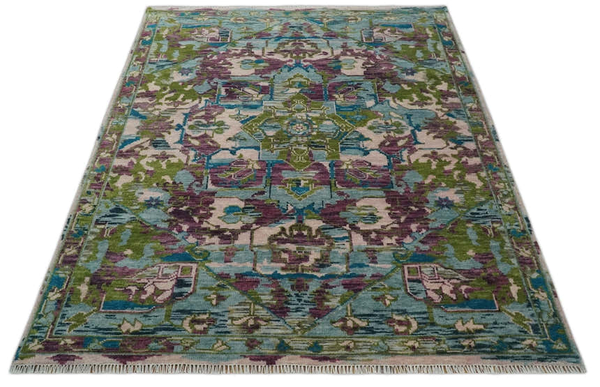 Transitional Hand Knotted Custom Made Green, Aqua, Peach and Purple Wool Rug
