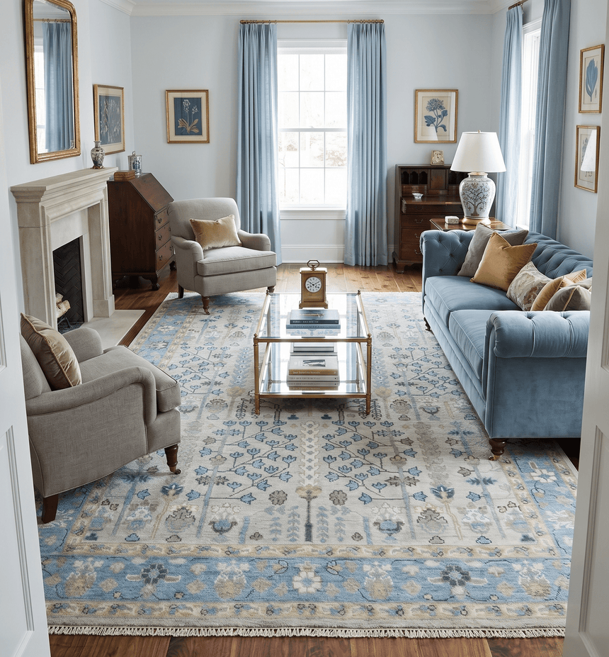 Tree of life Beige and Blue Traditional Hand Knotted Multi Size Wool Area Rug