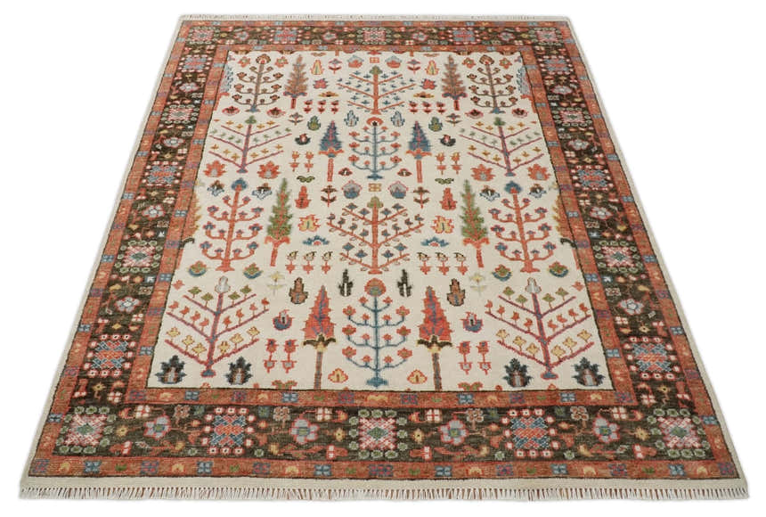 Tree of Life Hand Knotted Ivory, Brown and Rust Traditional Oushak Multi Size Wool Rug