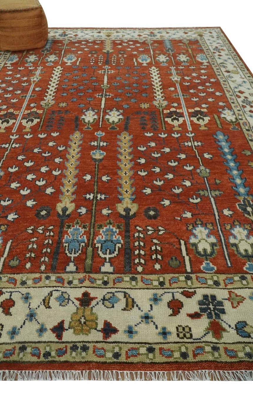 Tree of Life Rust and Ivory Traditional Hand Knotted Turkish Design Wool Area Rug