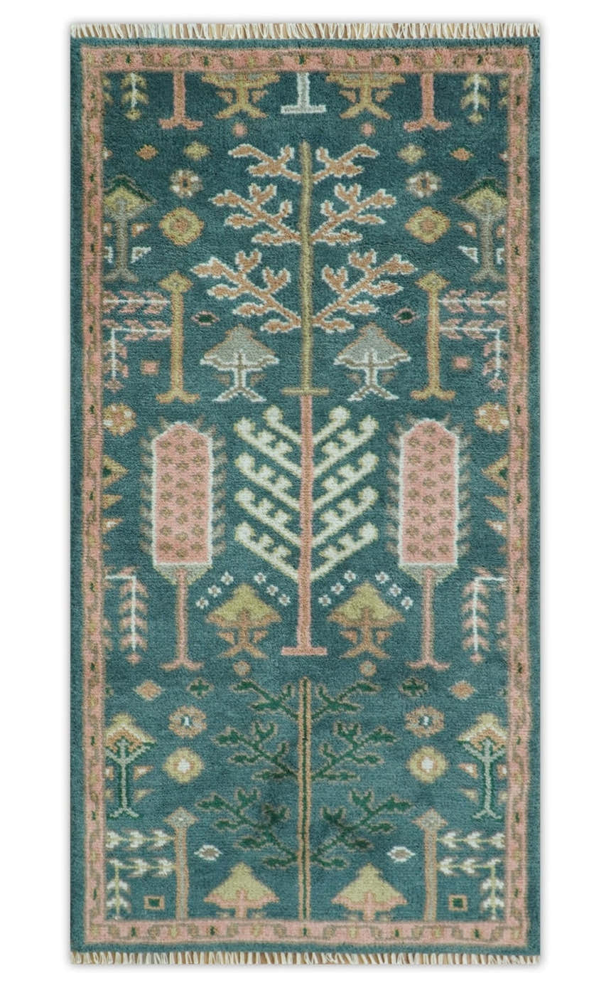 Tree of life Teal, Peach and Olive Hand Knotted Traditional Oushak Custom Made wool area Rug
