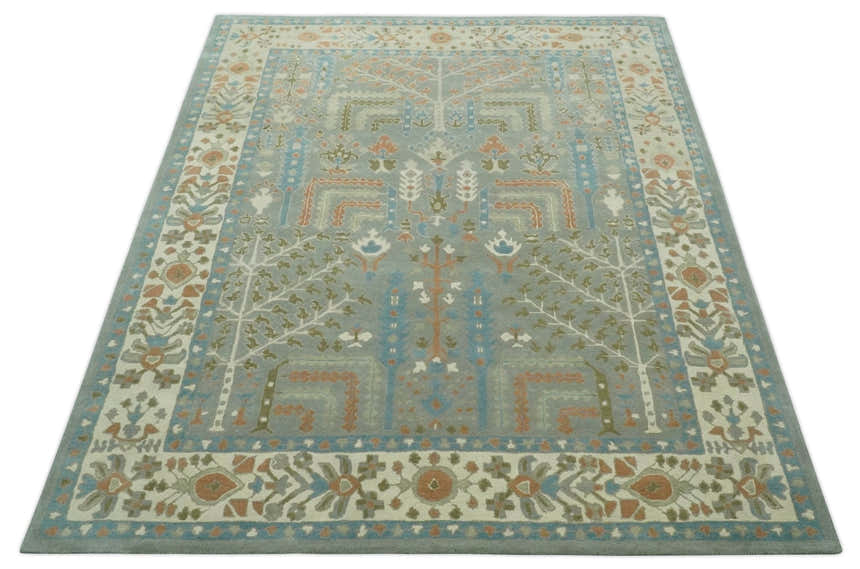 Tree of life Traditional Floral Gray, Beige, Green and Dark Peach Hand Tufted wool Area Rug