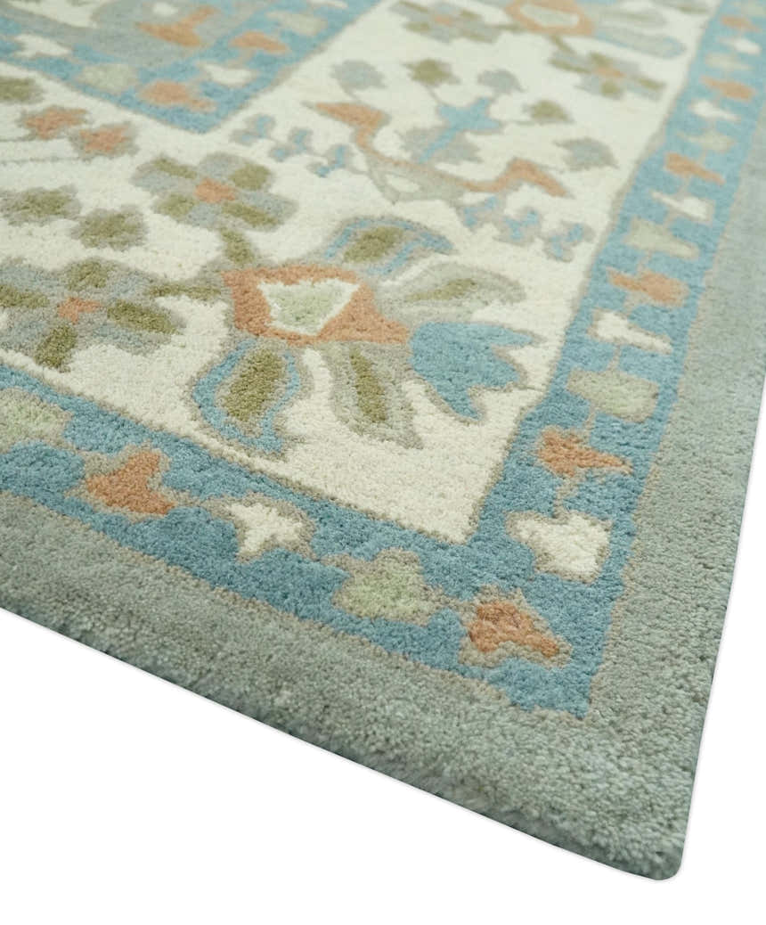 Tree of life Traditional Floral Gray, Beige, Green and Dark Peach Hand Tufted wool Area Rug
