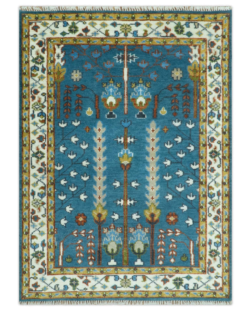 Tree of Life Traditional Hand Knotted Teal Blue and Ivory Custom Made Wool Area Rug