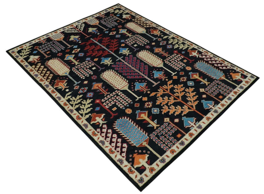 Tree of life Vibrant colorful Black, Beige, Peach and Blue Hand Knotted Traditional Oushak Custom Made wool area Rug