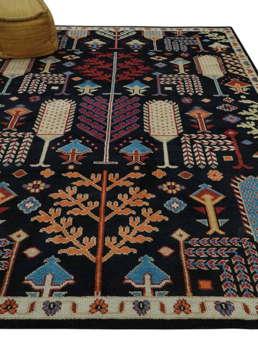 Tree of life Vibrant colorful Black, Beige, Peach and Blue Hand Knotted Traditional Oushak Custom Made wool area Rug