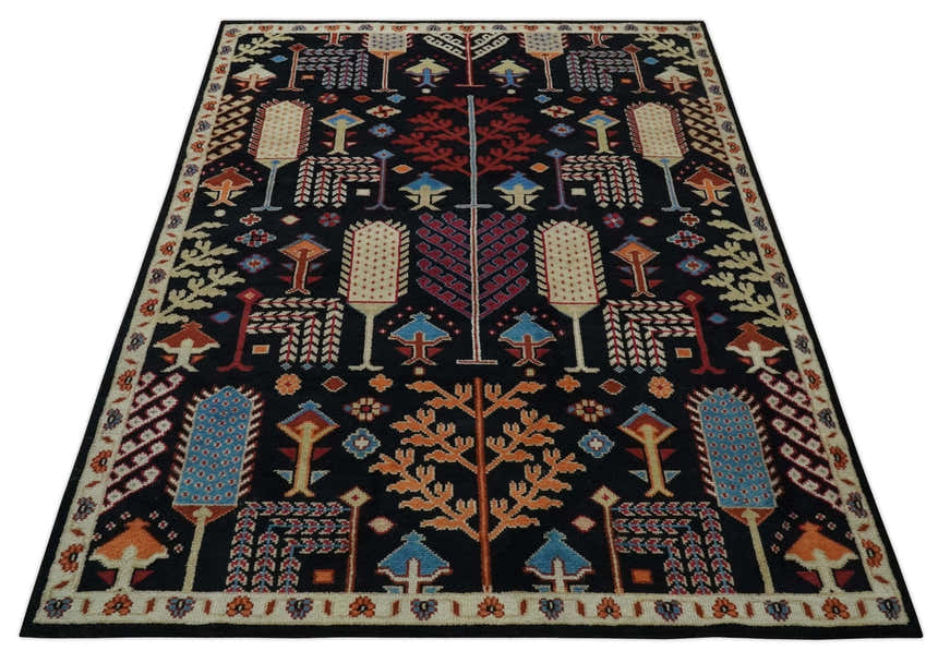 Tree of life Vibrant colorful Black, Beige, Peach and Blue Hand Knotted Traditional Oushak Custom Made wool area Rug