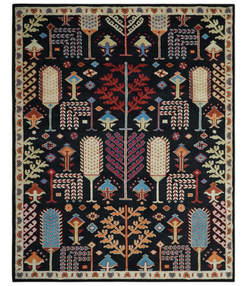 Tree of life Vibrant colorful Black, Beige, Peach and Blue Hand Knotted Traditional Oushak Custom Made wool area Rug