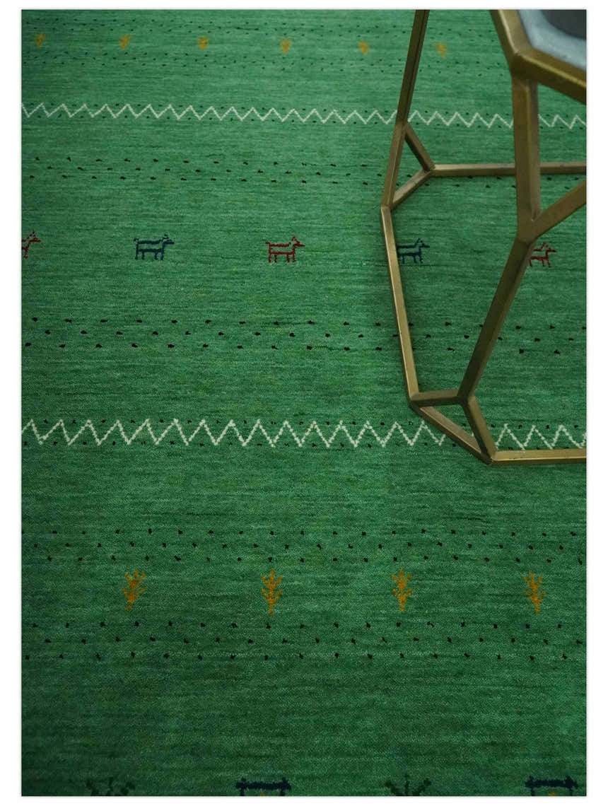Tribal Design Green Custom Made Traditional Hand loom Wool Area Rug
