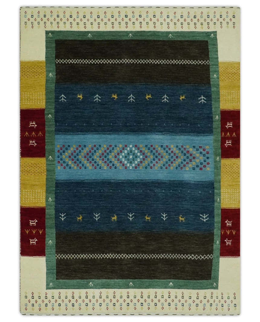 Tribal Gabbeh Blue, Gold, Maroon and Ivory Stripes design Traditional Wool Area Rug