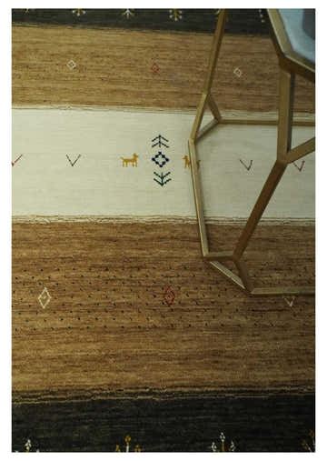 Tribal Gabbeh Gold, Ivory, Blue and Charcoal Stripes design Custom Made Wool Rug