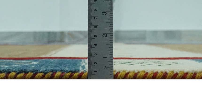 Tribal Gabbeh Gold, Ivory, Blue and Charcoal Stripes design Custom Made Wool Rug