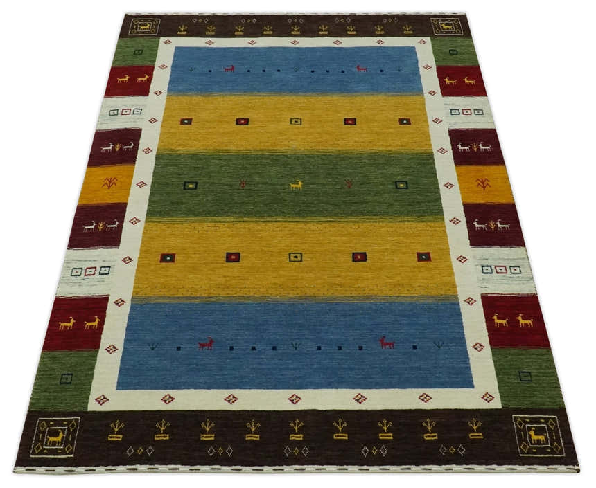 Tribal Gabbeh Green, Gold, Blue, Maroon and Ivory Stripes design Traditional Wool Area Rug